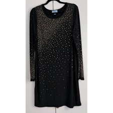 CeCe Black Gold Rhinestone Embellished Long Sleeve Shift Dress XL Cocktail Dress
