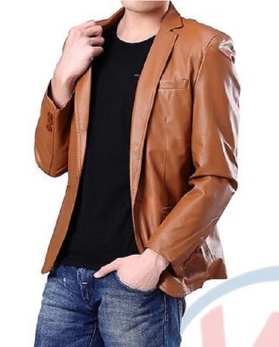 NOORA Mens Tan Color Lambskin Leather Formal Blazer , Party & Casual Wear Blazer