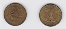 20 Pfennig Messing M&uuml;nze DDR 1989 Stempelglanz (131471)