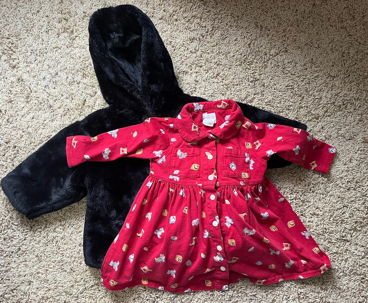 Vintage 90s Baby Gap Faux Fur Black Coat Jacket And Red Long Sleeve Dress 12 18