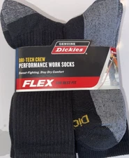 DICKIES FLEX DRI-TECH CREW PERFORMANCE WORK SWEAT FIGHTING SOCKS 3 PR 6-12 BLACK