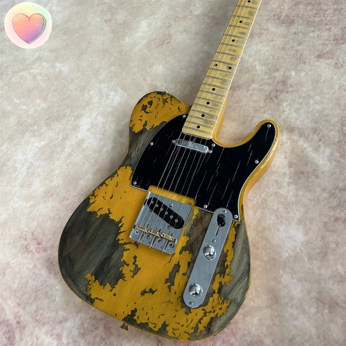 Relic Style Custom Electric Guitar, Yellow TL, Solid Body, 6 String, 21 Frets