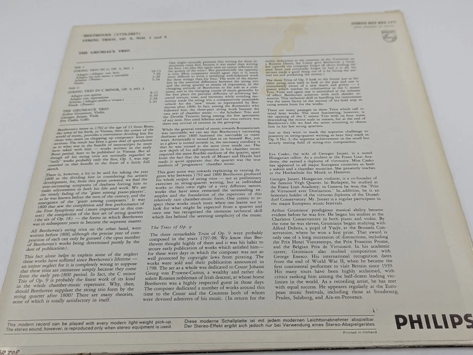 BEETHOVEN String Trios Op. 9 Nos. 1 & 3 - ARTHUR GRUMIAUX TRIO - PHILIPS ST LP - Image 2 of 4
