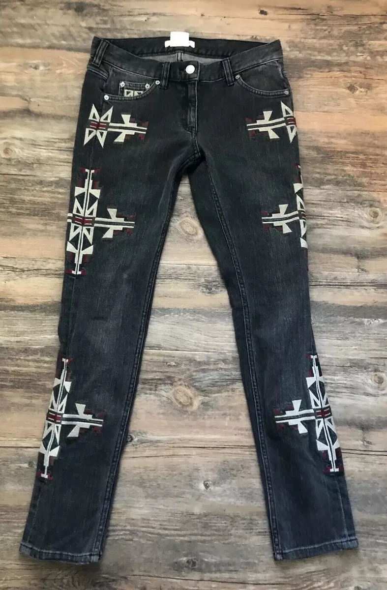 Isabel Marant H&M Embroidered Navajo Boho Skinny Faded Black Jeans Y