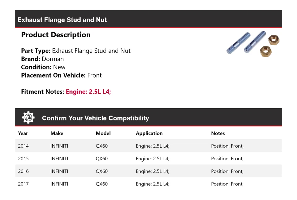 Para Infiniti QX60 2014-2017 2,5 L L L4 Dorman brida de escape perno y tuerca delantera Foto 2 de 3