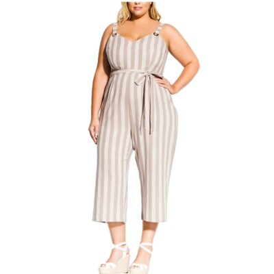 City Chic Women Plus XS 14 Oatmeal Stripe Tie Waist Wide Leg Jumpsuit NWT CG70
