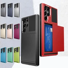 For Samsung Galaxy S23 Ultra/S22+ Shockproof Rubber Slide Card Holder Case Cover