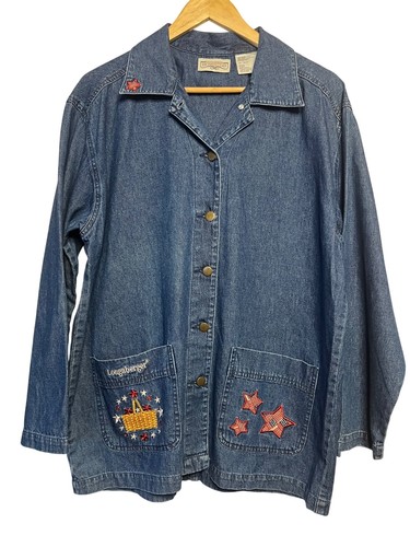 VINTAGE Longaberger Homestead L Denim Jacket Embroidered Stars Basket Design