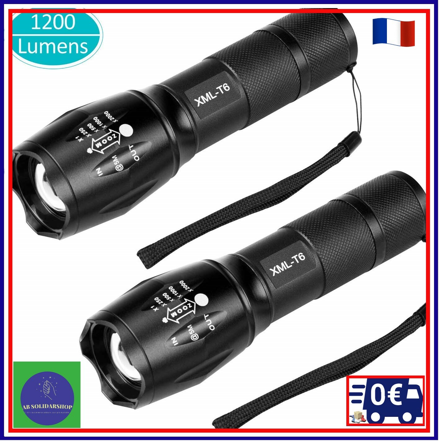 Lampe torche militaire à flash intense avec zoom télescopique antichoc lot de 2