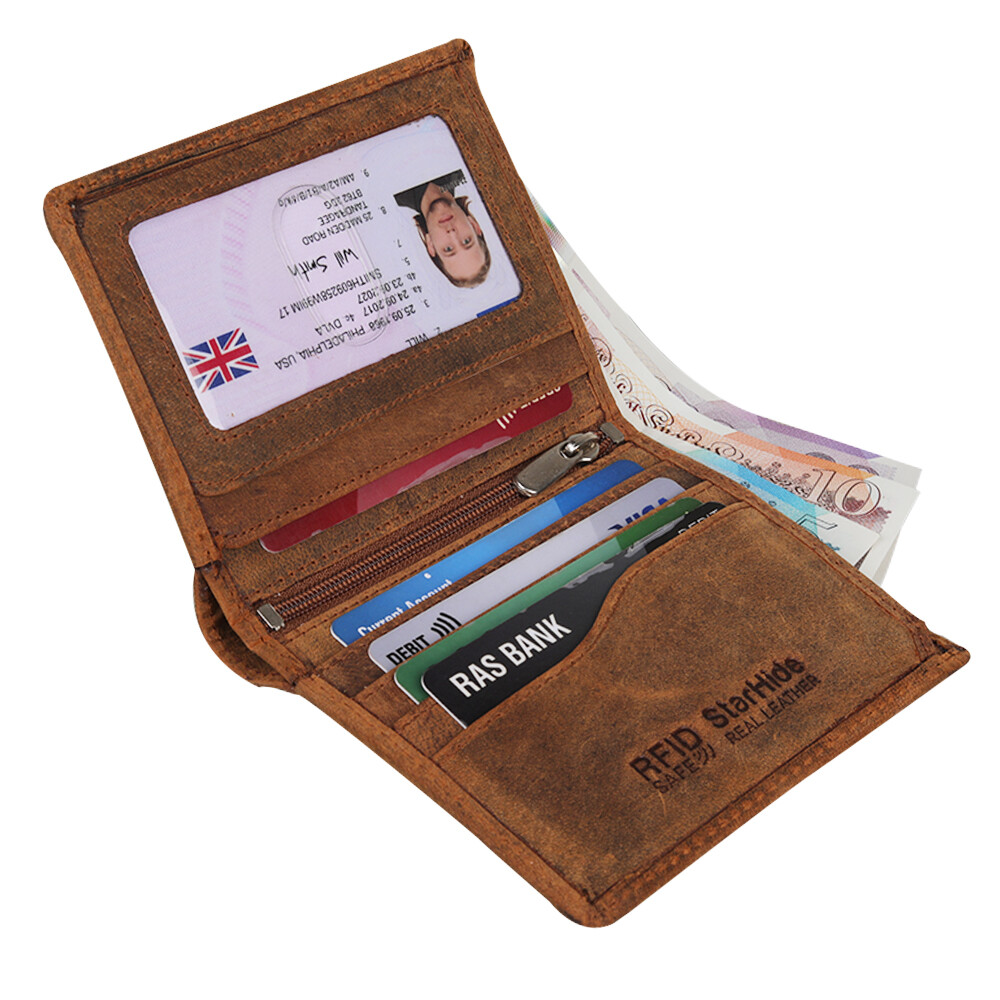 Rfid Mens Slim Luxury Quality Real Leather Zip Coin Pocket Wallet 1155 Brown