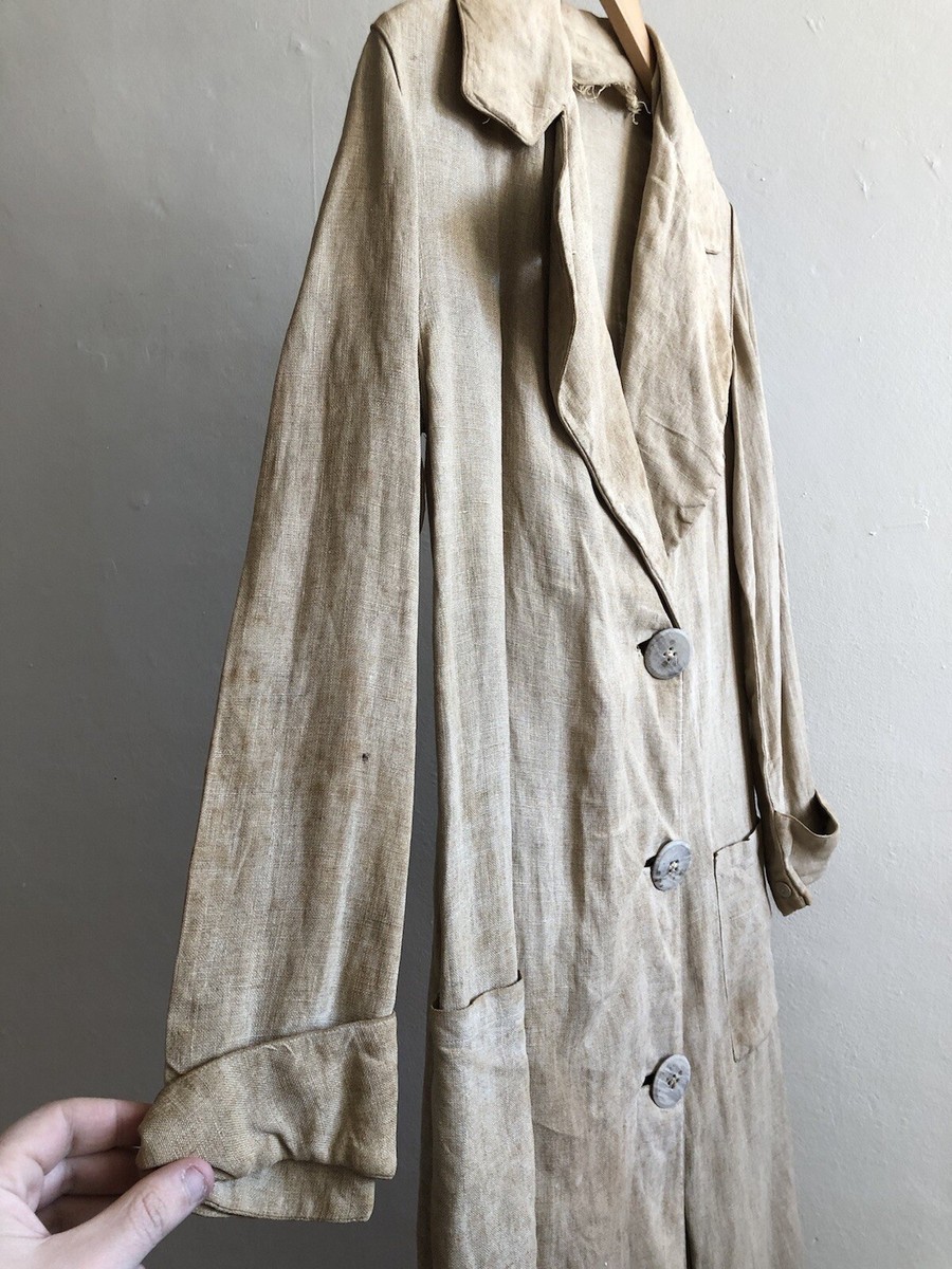 Antique Early 20th Century Heavy Linen Duster Car Coat Patch Antique Early 20th Century Heavy Linen Duster Car Coat Patch