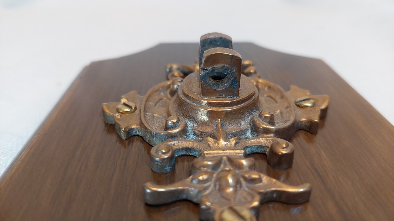 Ornate Brass Candle Stick Holder Wall Sconce on Wood Plaque