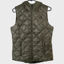 Gerry Quilted Down Puffer Vest Hood Green Womens Small Full Zip Reversible