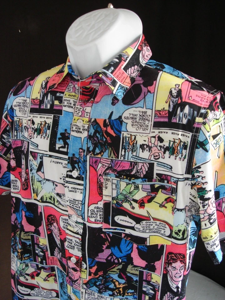 Just Attitude Men's Comic Strip Print Poly/Spandex Button Ft. S/S Shirt Sz. M - Image 2 of 4