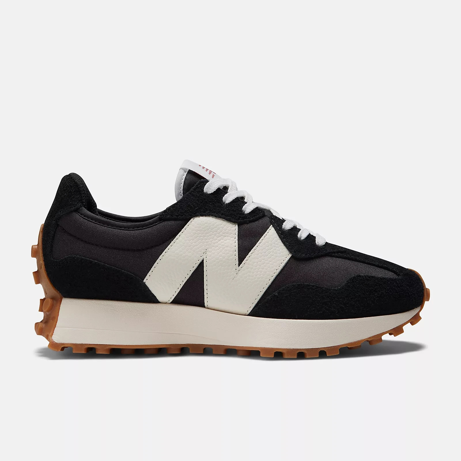 Women's New Balance 327 BLACK with WHITE and Mineral Red