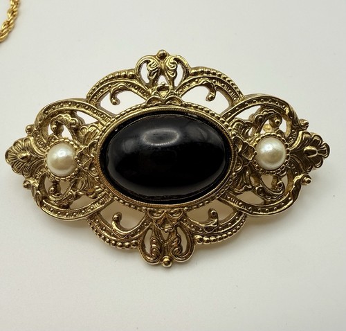 Vintage French Barrette Gold Tone Black Cabochon Faux Pearl Filigree Clip Franc