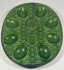 Vintage Green Deviled Eggs Platter 8 Wells Basket Weave Design Made In Japan