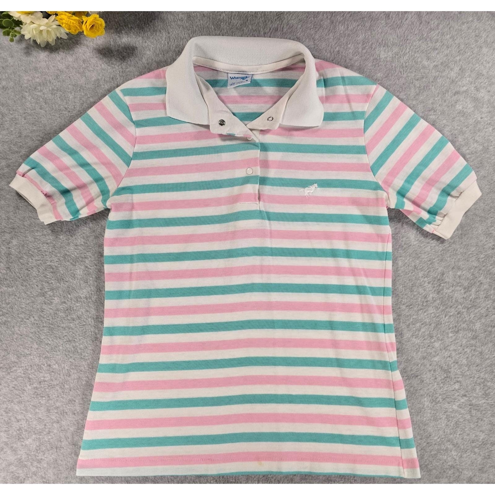Vintage 70s Wrangler Womens Polo Shirt Size S Striped Retro Pastel Horse Logo