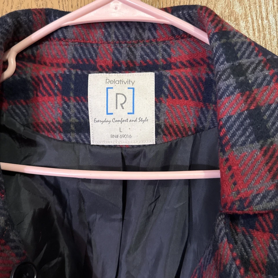 女式相对论尺寸大号红色格子豌豆外套 11% 羊毛赢家夹克 — 第 2/4 张图片