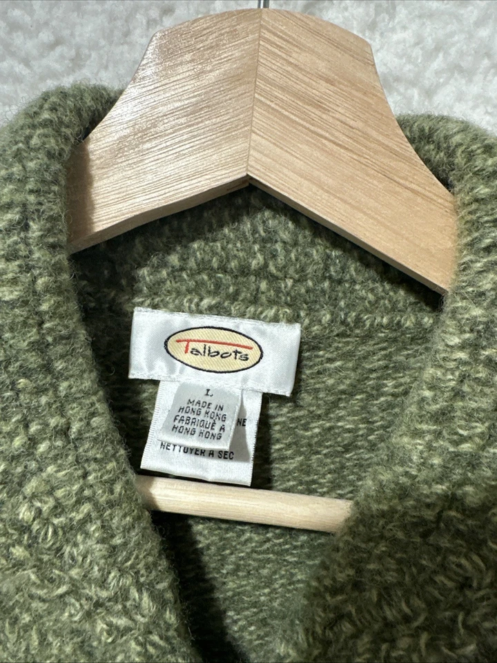 VTG Talbots Wool Cardigan Knit Sweater Olive Green Grannycore Retro Slim Size L - Image 3 of 4
