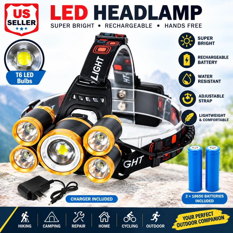 5 LED Headlamp Rechargeable Headlight 18650 Battery USB Camping Hiking Work Light