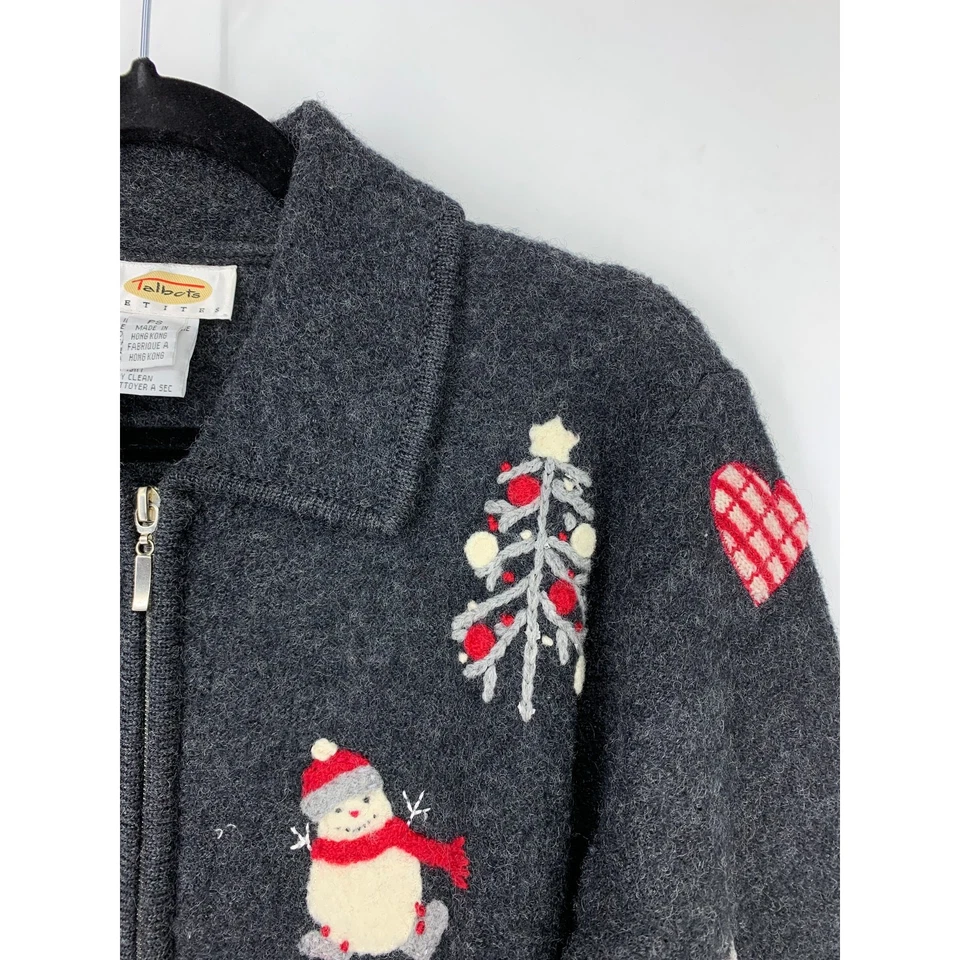 Cárdigan suéter gris lana Talbots para mujer talla PS con cremallera vacaciones muñeco de nieve Foto 2 de 4