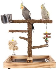 Natural Wood Parrot Stand Bird Perch Stand with Removable Tray and Feeder Cups