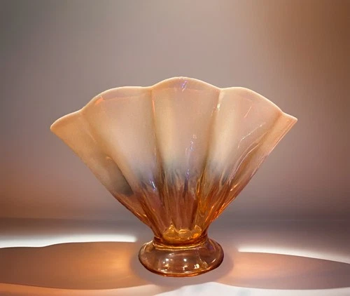 Antique Fenton 1920s Amber Cameo Opalescent Fan Melon Ribbed Glass Vase 7.75”T