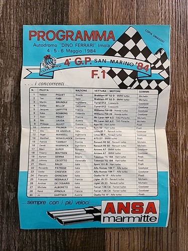 Rare ANSA MARMITTE F1 4 GP 1984 San Marino Race Program Dino Ferrari Vintage 