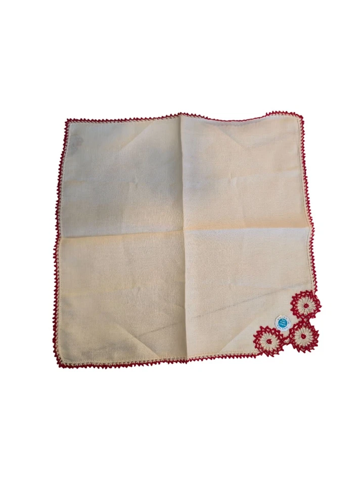 Pañuelo de lino irlandés vintage nuevo de colección con borde de ganchillo rojo pañuelo HANKIE Foto 4 de 4
