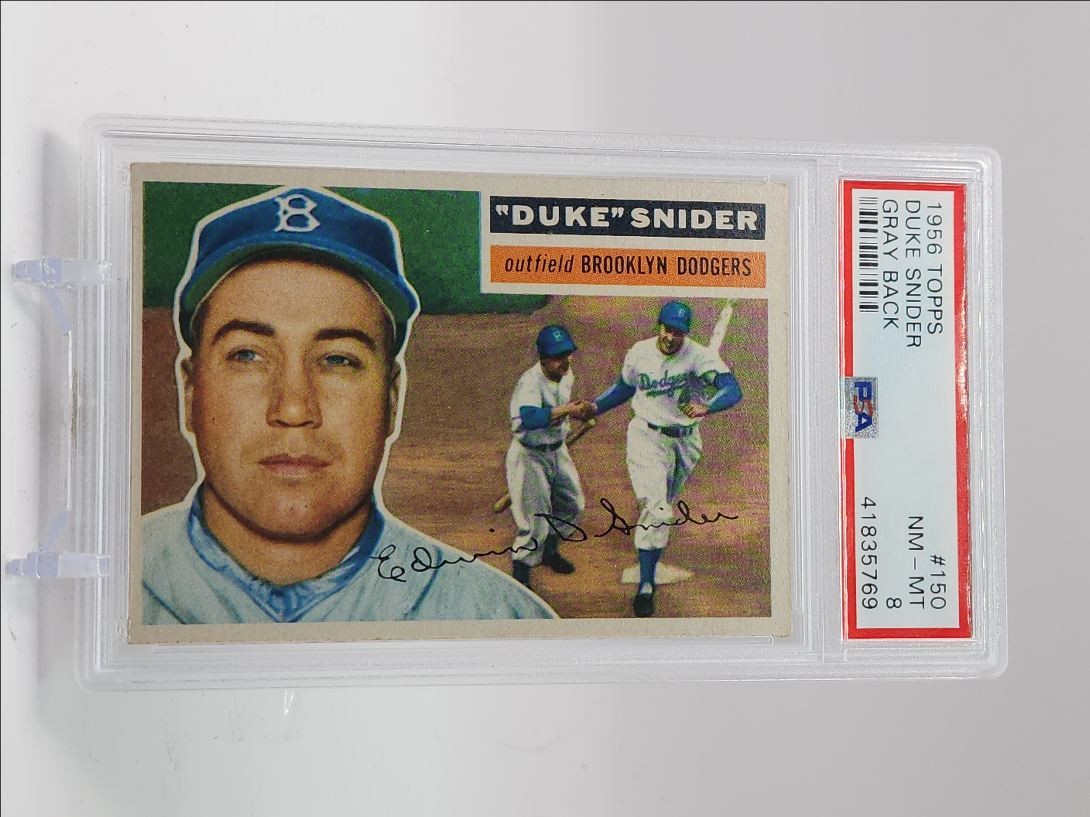 DUKE SNIDER 1956 TOPPS BASEBALL GRAY BACK DODGERS #150 PSA 8 Q5775