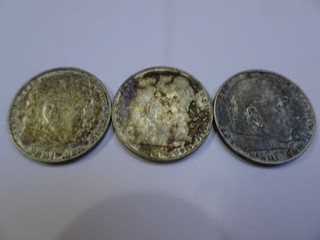 3 Stück 2 Reichsmark Silbermünzen Hindenburg 1938 G E und A