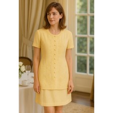 Vintage Karin Stevens butter yellow Buttoned knee Dress embroidered 14 modest