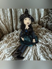Halloween Witch Doll Handmade Primitive Sitting Witch Black Teal Spiderweb Dress