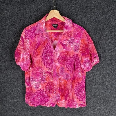 Erika Shirt Women 1X Plus Pink Floral Button Up Collared Short Sleeve Cotton