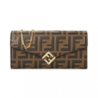 FENDI FF Diamonds Logo FF Calfskin Crossbody Wallet Women's Brown 7.5x0.4x3.5 in