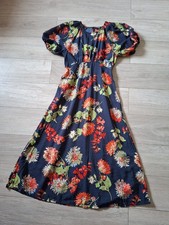 Next Navy Blue Floral Flared Midi Maxi Dress Boho Retro Smart Casual UK8