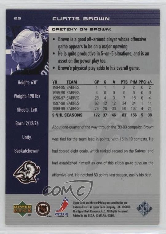 1999-00 Upper Deck Wayne Gretzky Hockey Curtis Brown #25 - Image 2 of 2