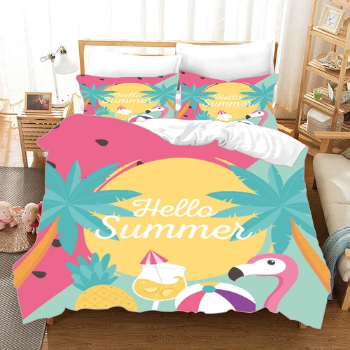 Cartoon Flamingo Vacation Print Duvet Cover Quilt Cover Pillowcase Bedding Set