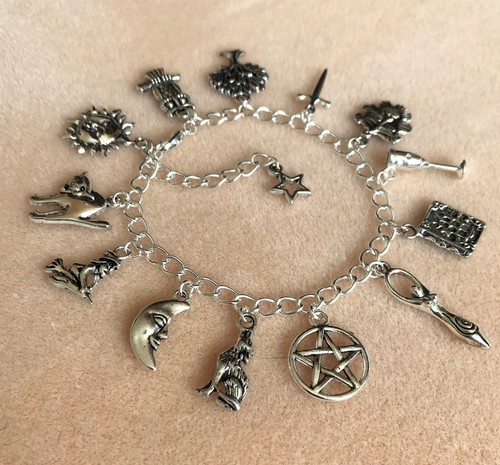 Wicca Pagan Pentagram Green Man Sun Moon Charm Bracelet Goddess Witch - Picture 5 of 8