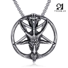 Mens Baphomet Inverted Pentagram Goat Pendant Necklace Stainless Steel Chain 24"