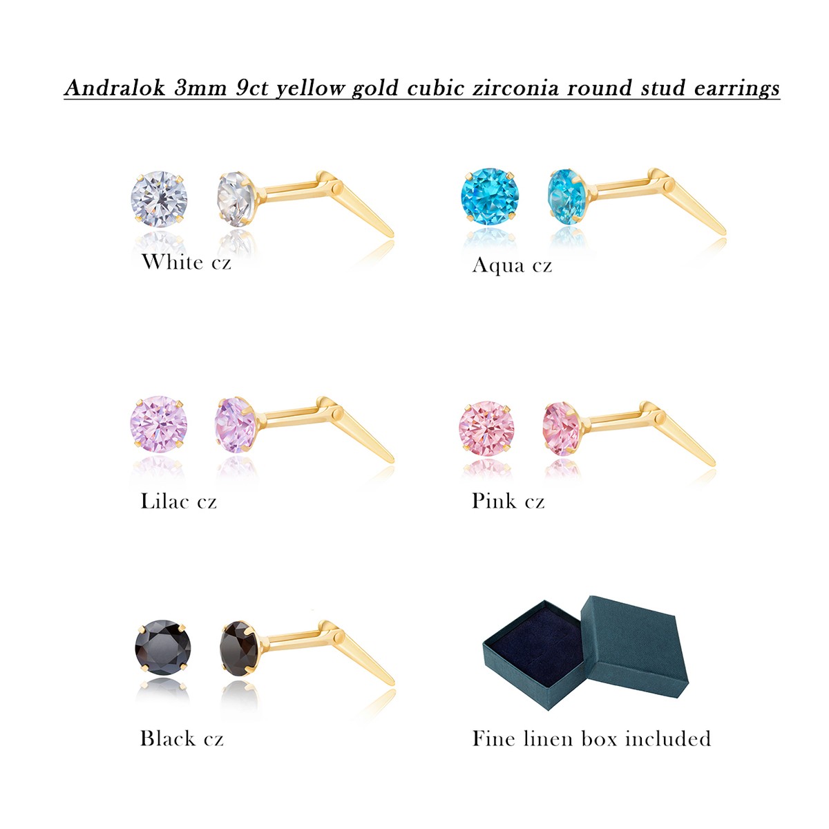 9ct yellow gold 3mm cubic zirconia cz Andralok stud earrings