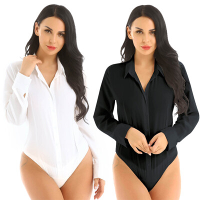 Women Turn Down Button Thongs Bodysuit Business Work Office Blouse Leotard Tops