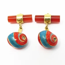 NYJEWEL 18k Yellow Gold Diamond Carnelian Enamel Shell Cufflinks 2779AL