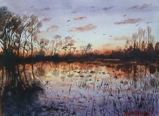 Original Watercolor Sketch  Painting  Calm  Sunset 9”x12"