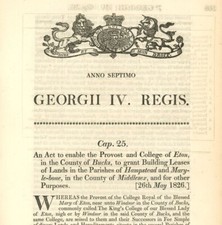 Antique Act of Parliament Provost & College of Eton Building Leases 1826 politic