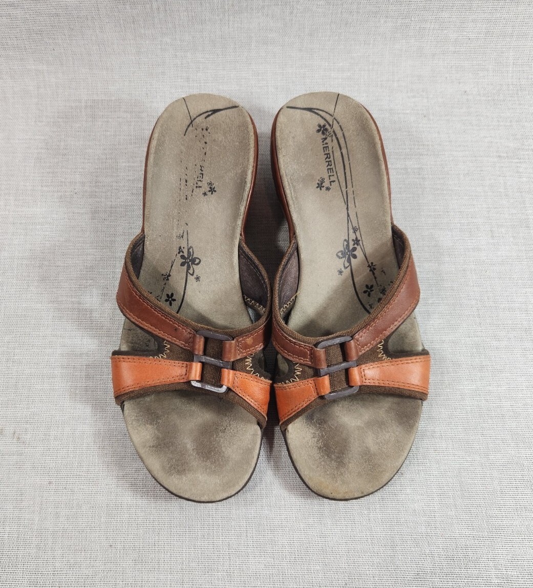 Merrell sandali donna slip on rugiada taglia 7 punta aperta marrone zeppa mules J46188