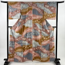 JAPANESE KIMONO FINE PATTERN PINK BEIGE 162.5cm 5 ft 4 in PURE SILK BB9645
