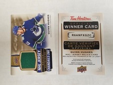 2021-22 Upper Deck Tim Hortons Jersey Relic J-QH Quinn Hughes w/ Redemption Card