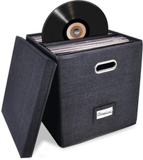 Vinyl Record Storage Box - Holds 50 Single Records, LP Organizer with Lid, Blac